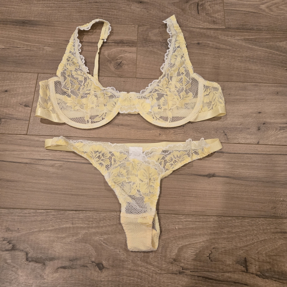 NIP Blk Lux Boutique Lemon Yellow Floral Lace Lingerie Set - Size M